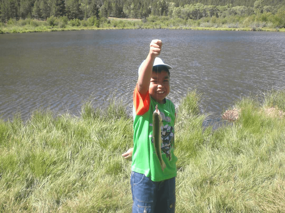 A smiling boy in a bright green shirt holds up a fish by a lake surrounded by greenery.